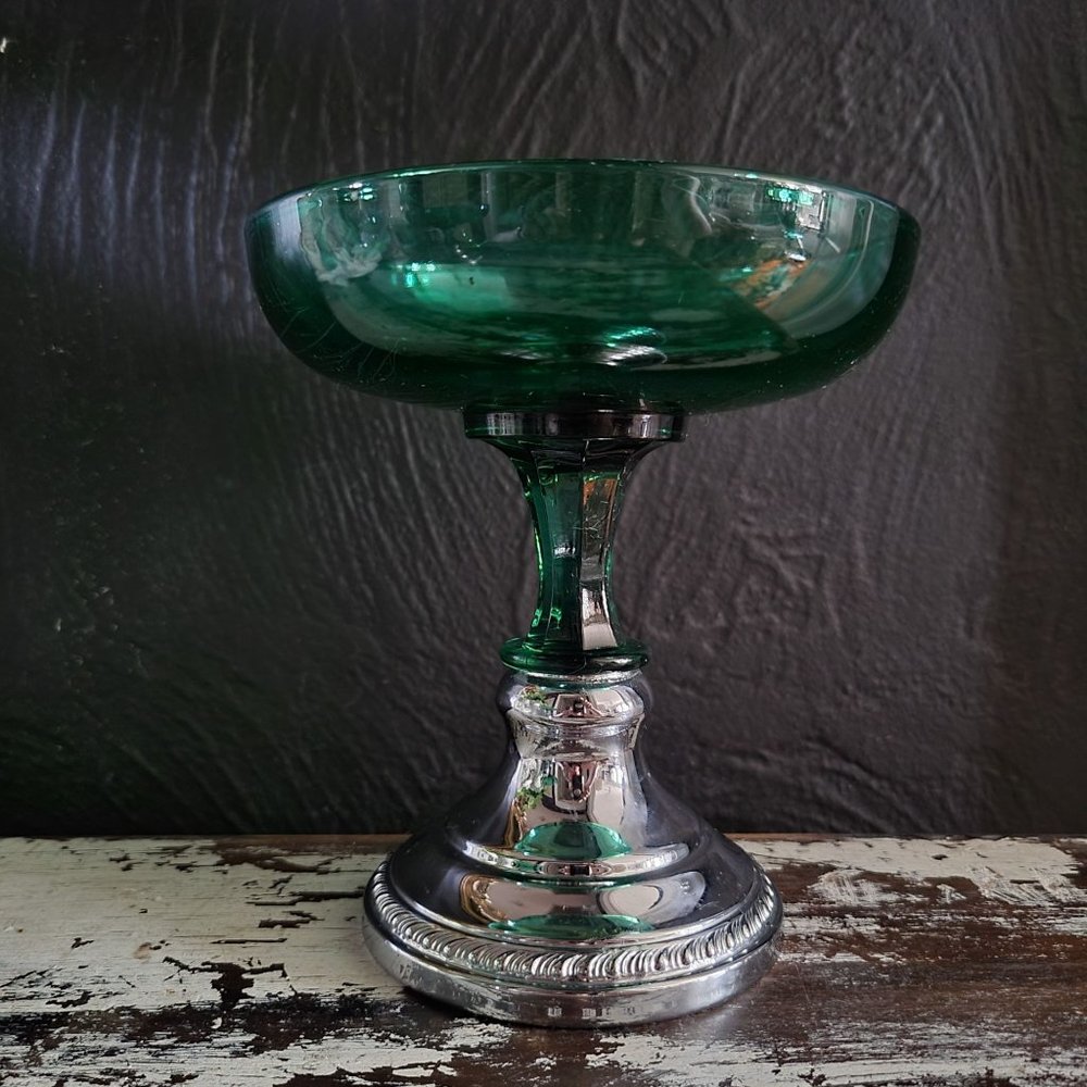 Vintage Farber Krome Kraft Green Glass Compote / Candle Holder Screw on Base